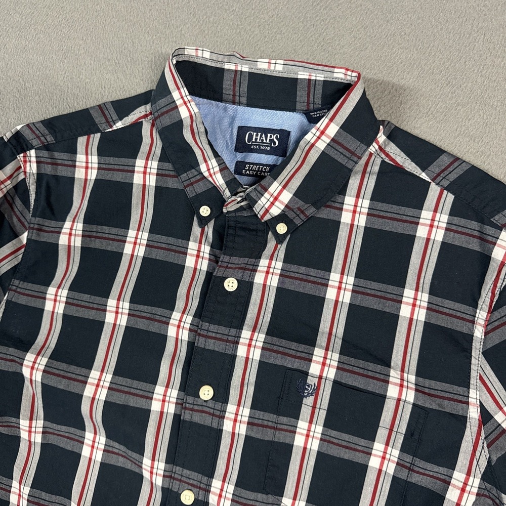 Chaps Shirt Mens Large Blue Plaid Check Stretch Long Sleeve Button Easy Care
